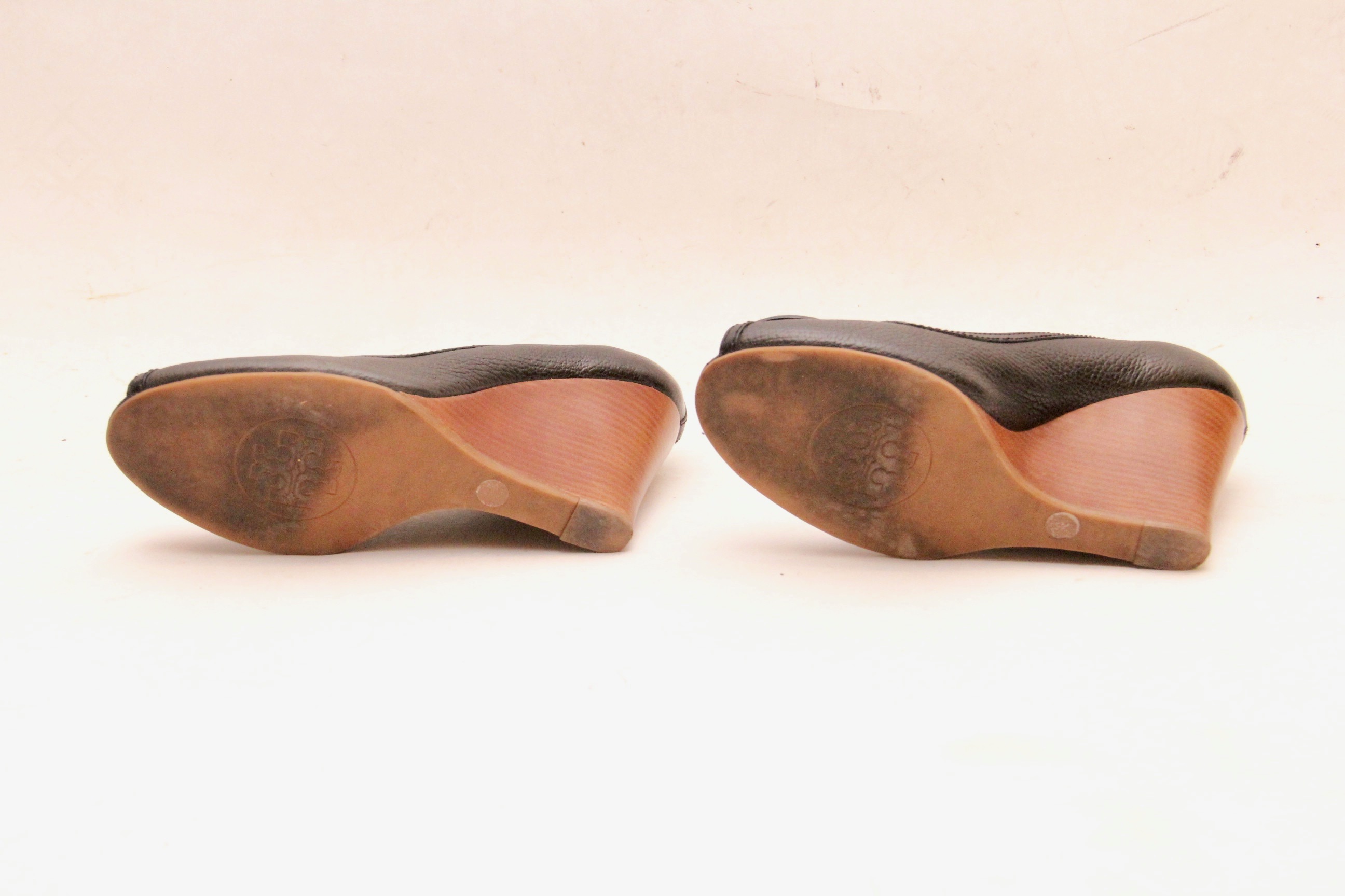 Tory Burch Selma Black Leather Peep Toe Wedges