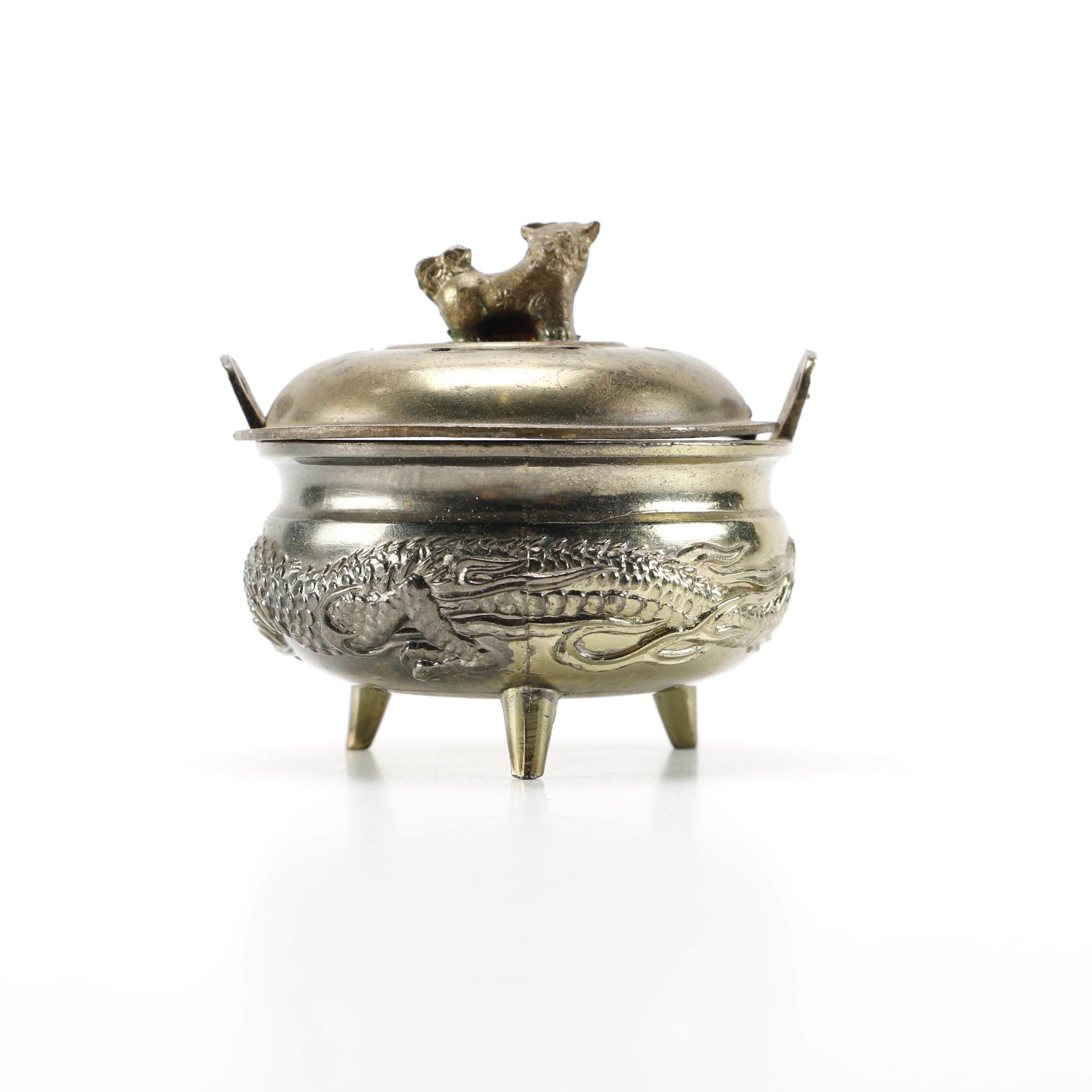 Vintage Brass Cricket Box and Dragon Incense Burner with Foo Dog
