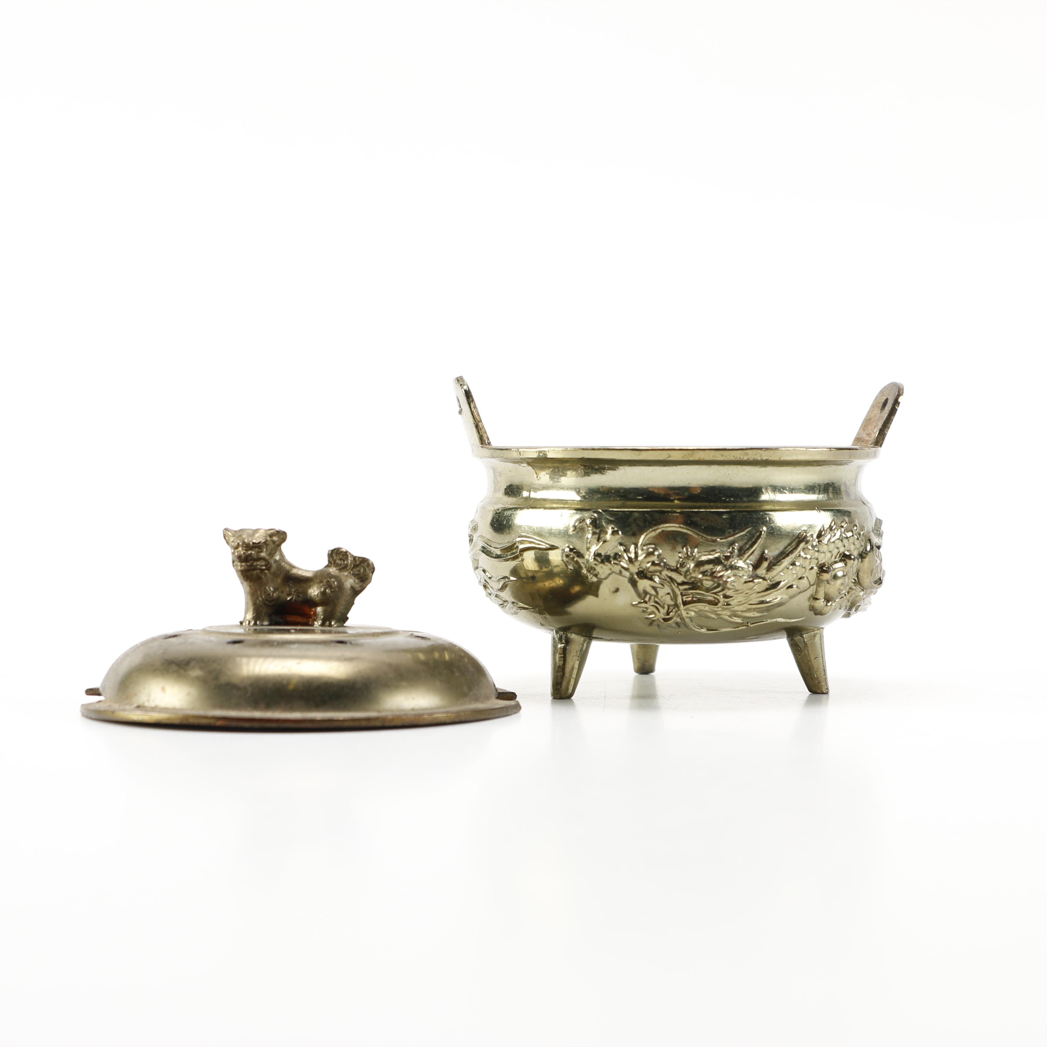 Vintage Brass Cricket Box and Dragon Incense Burner with Foo Dog