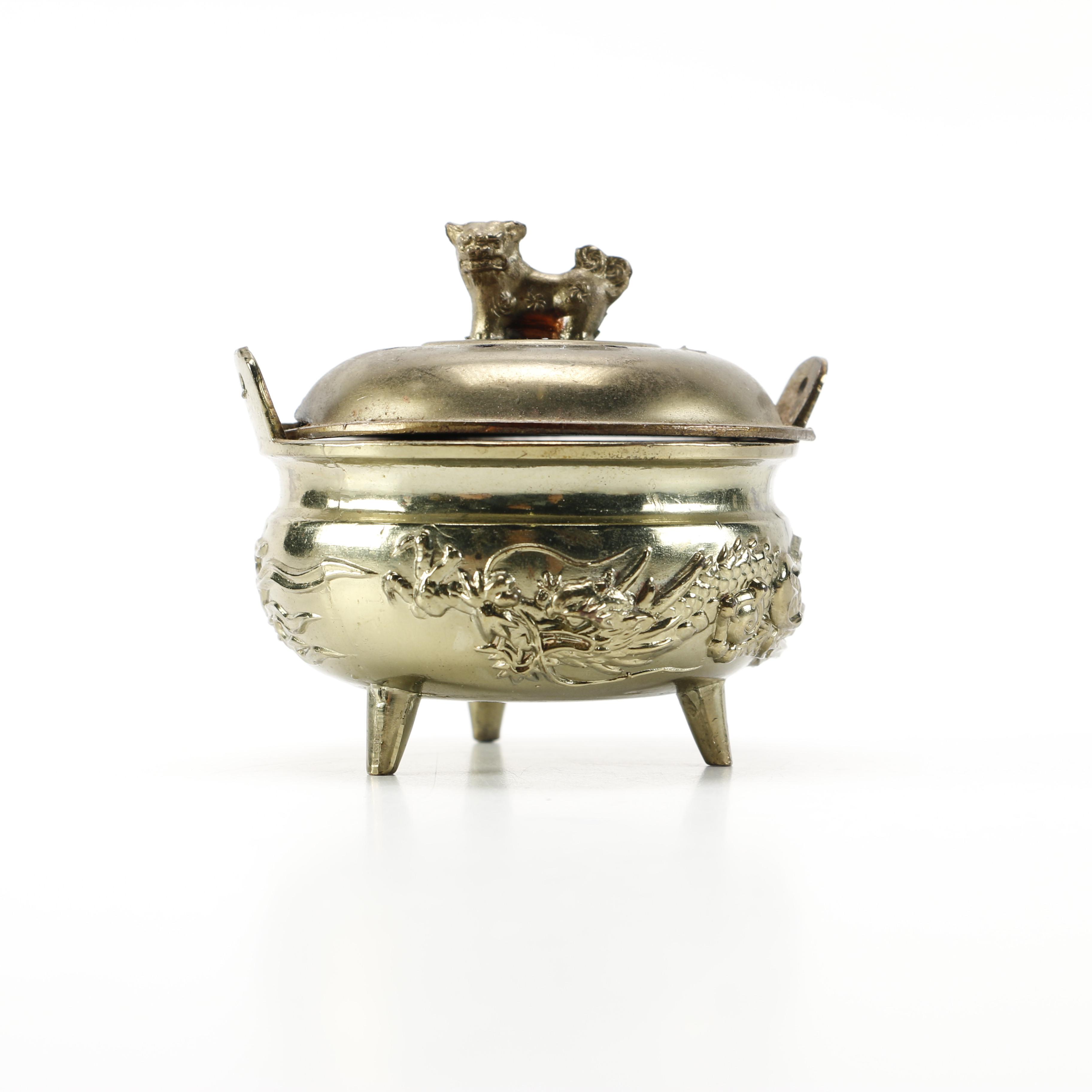 Vintage Brass Cricket Box and Dragon Incense Burner with Foo Dog