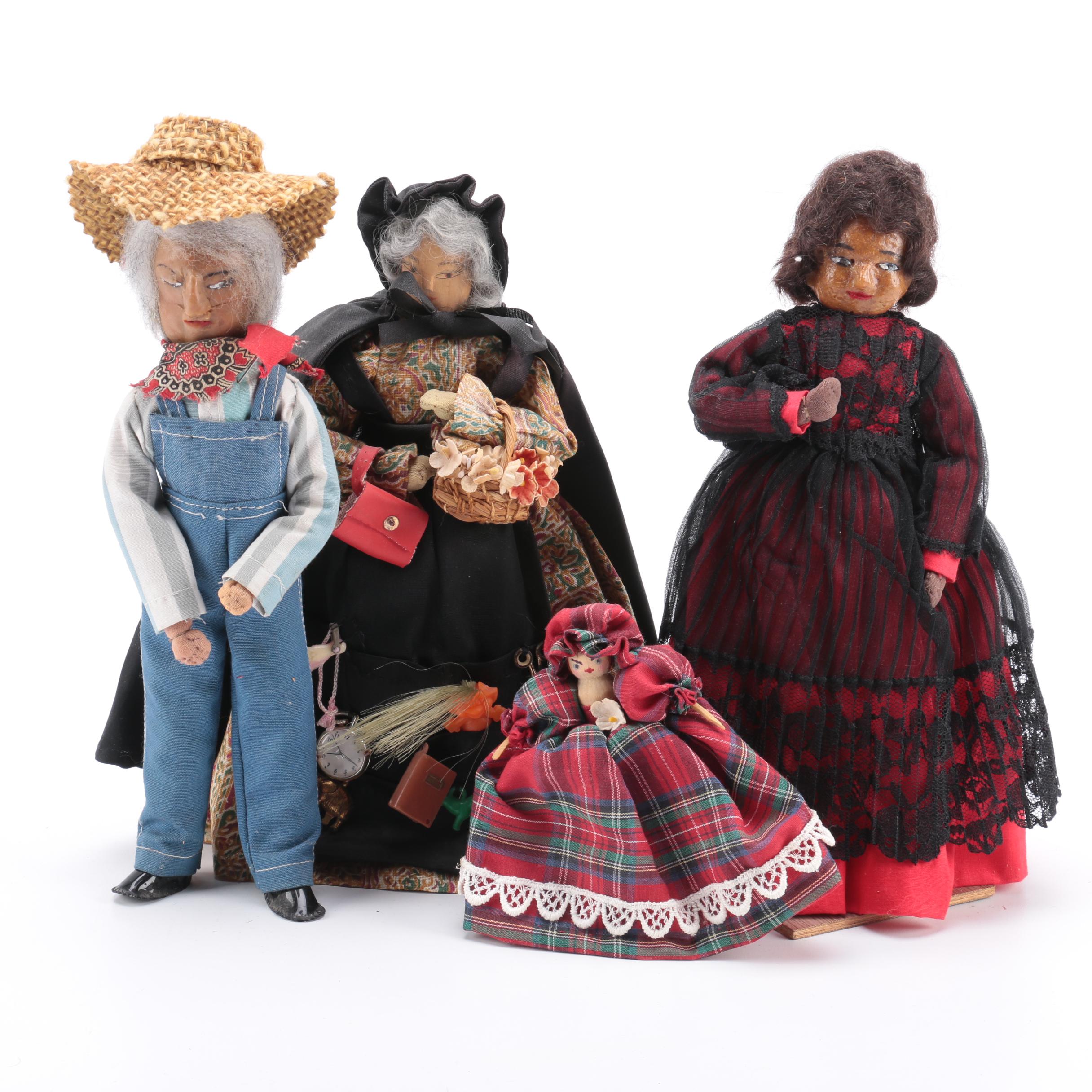 Vintage Handmade Wooden Dolls and Wax Dolls