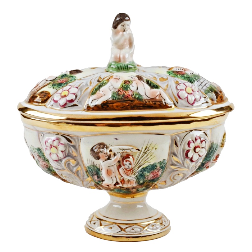 Italian Capodimonte Oval Covered Bowl