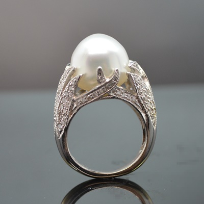18K White Gold Cultured South Sea Pearl and 1.00 CTW Diamond Ring