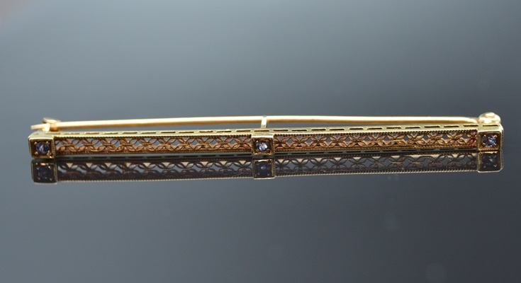 14K Yellow Gold Synthetic Sapphire Bar Brooch