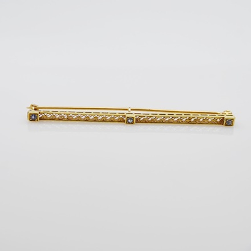 14K Yellow Gold Synthetic Sapphire Bar Brooch