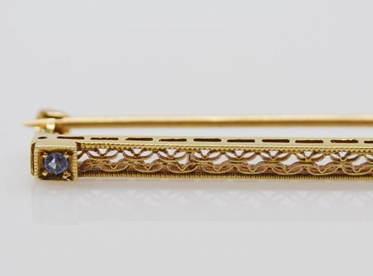 14K Yellow Gold Synthetic Sapphire Bar Brooch