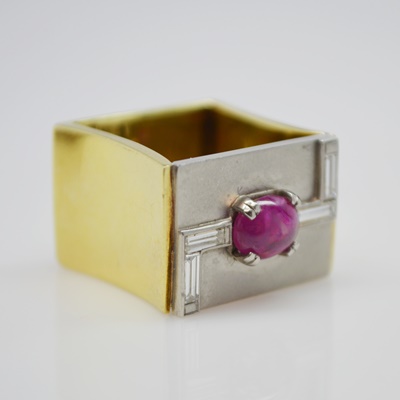 Raul Haas 14K Yellow and Platinum Ruby and Diamond Square RIng