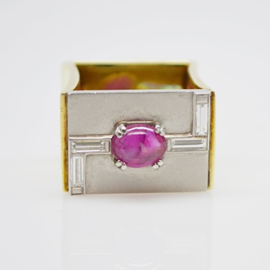 Raul Haas 14K Yellow and Platinum Ruby and Diamond Square RIng
