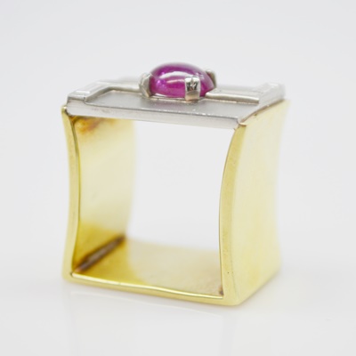 Raul Haas 14K Yellow and Platinum Ruby and Diamond Square RIng