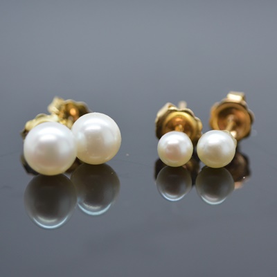 Two Pair of 14K Yellow Gold Cultured Pearl Pierced Earrings