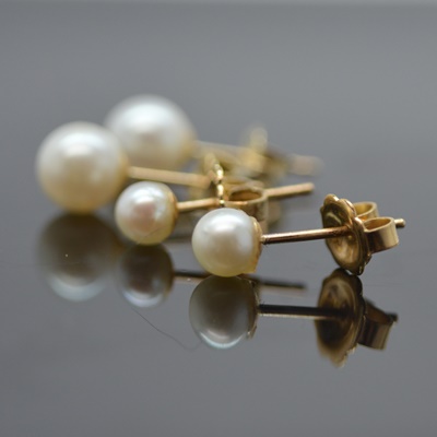 Two Pair of 14K Yellow Gold Cultured Pearl Pierced Earrings