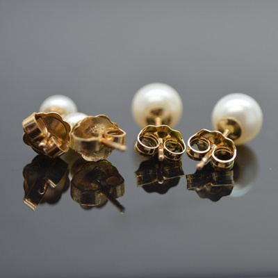 Two Pair of 14K Yellow Gold Cultured Pearl Pierced Earrings