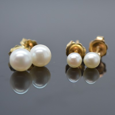 Two Pair of 14K Yellow Gold Cultured Pearl Pierced Earrings