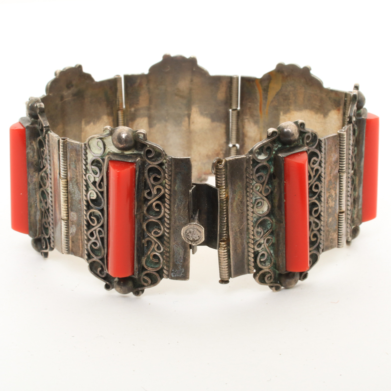 Vintage Mexican Sterling Silver and Red Glass Filigree Bracelet
