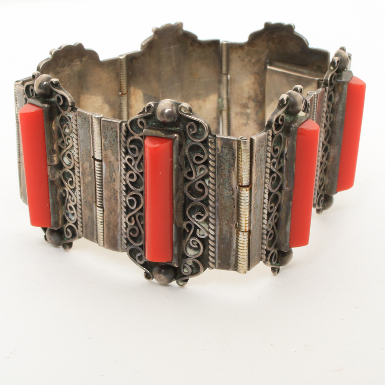 Vintage Mexican Sterling Silver and Red Glass Filigree Bracelet