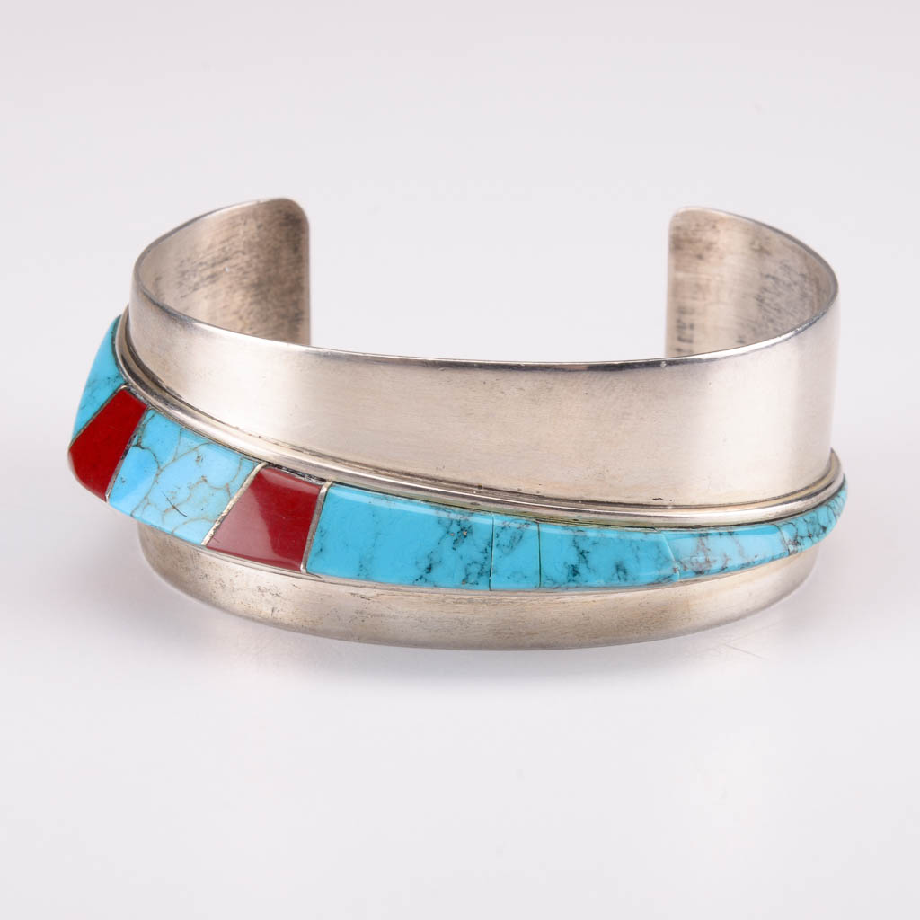 J. Woolsey Sterling Silver Cuff Bracelet With Turquoise and Red Jasper