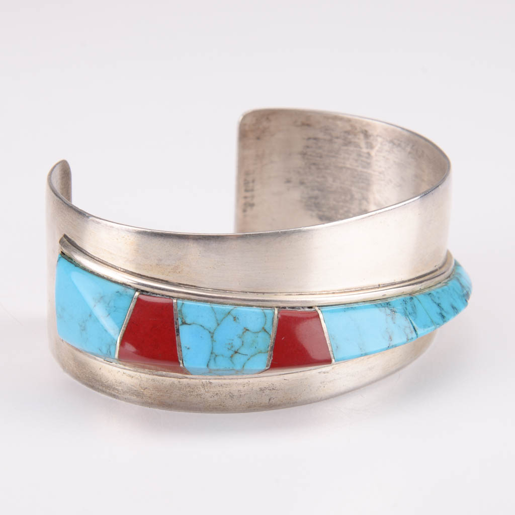 J. Woolsey Sterling Silver Cuff Bracelet With Turquoise and Red Jasper
