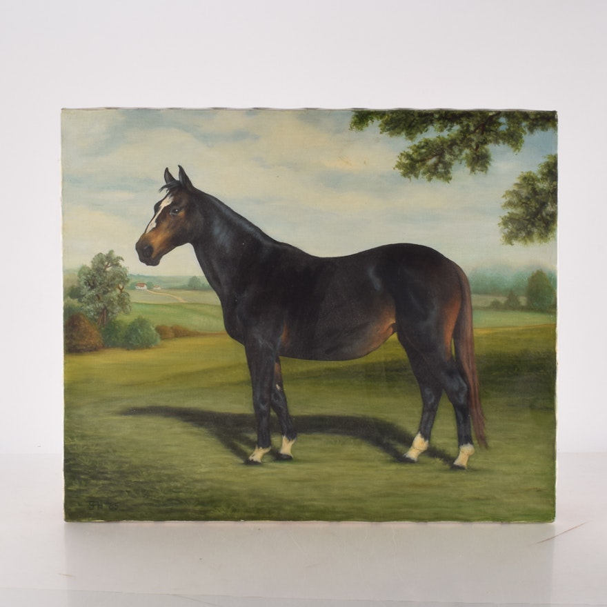 Vintage Equestrian Oil Painting on Canvas