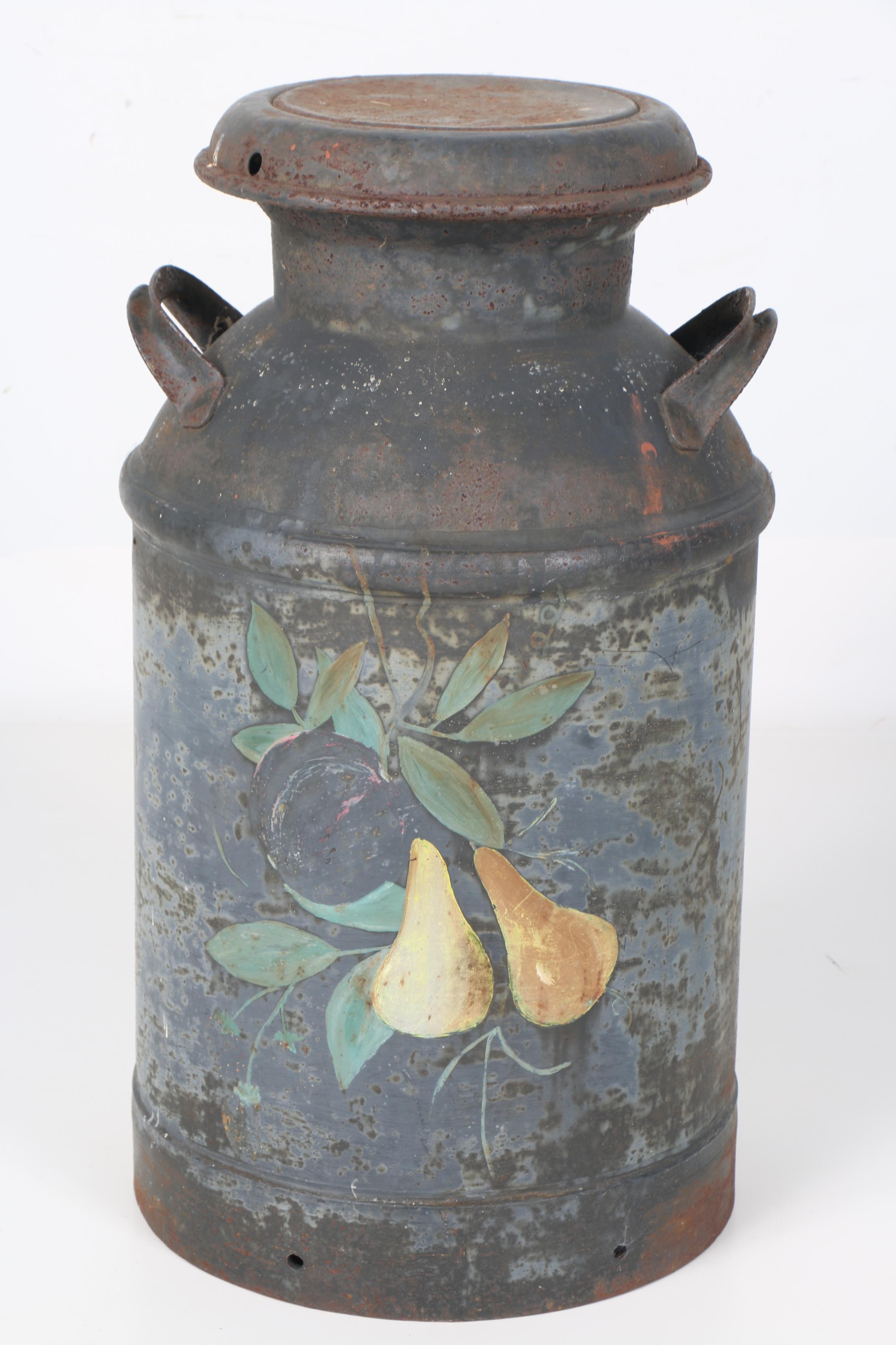 Vintage Hand Painted Metal Milk Jug