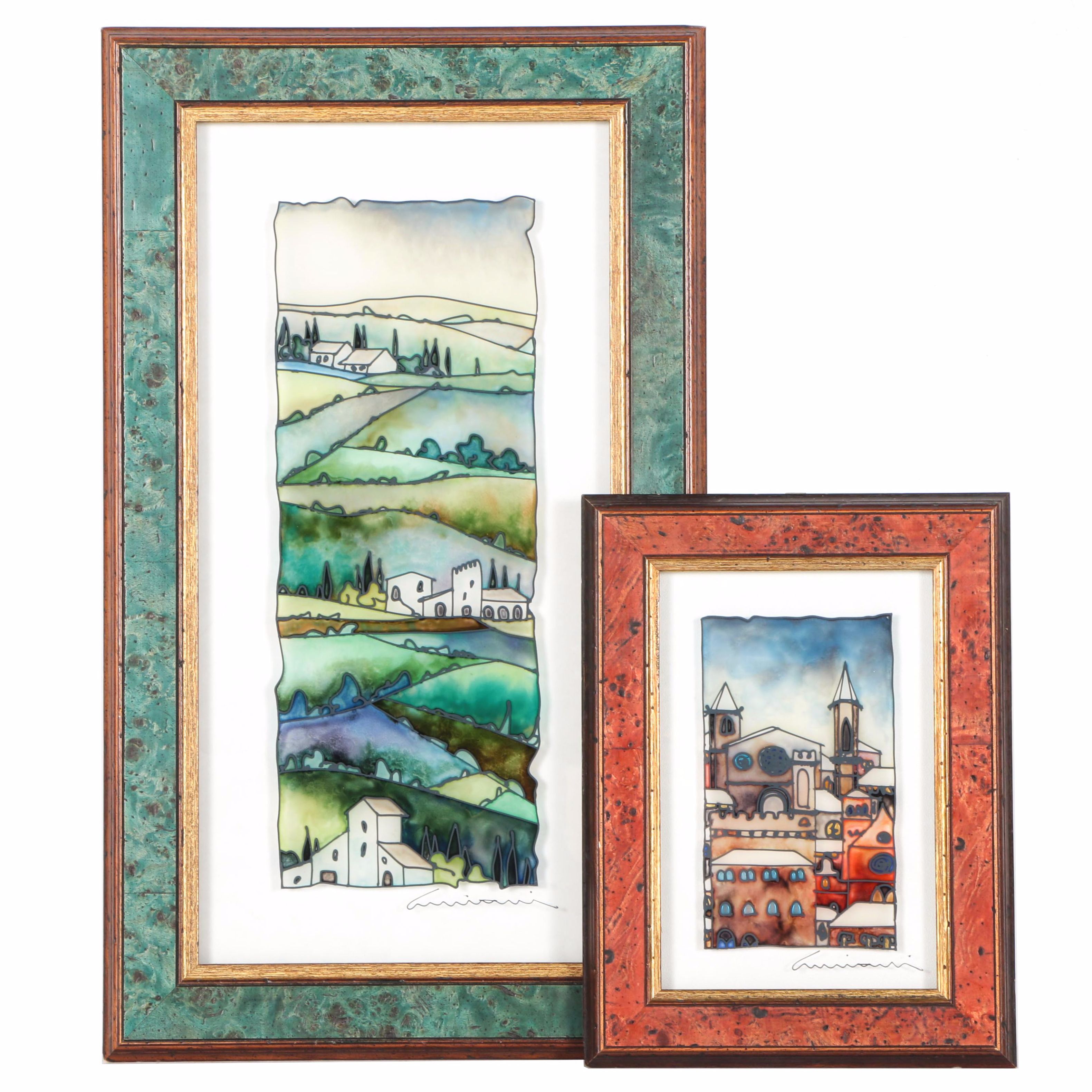 Massimo Cruciani Oil Painting on Glass of Townscapes