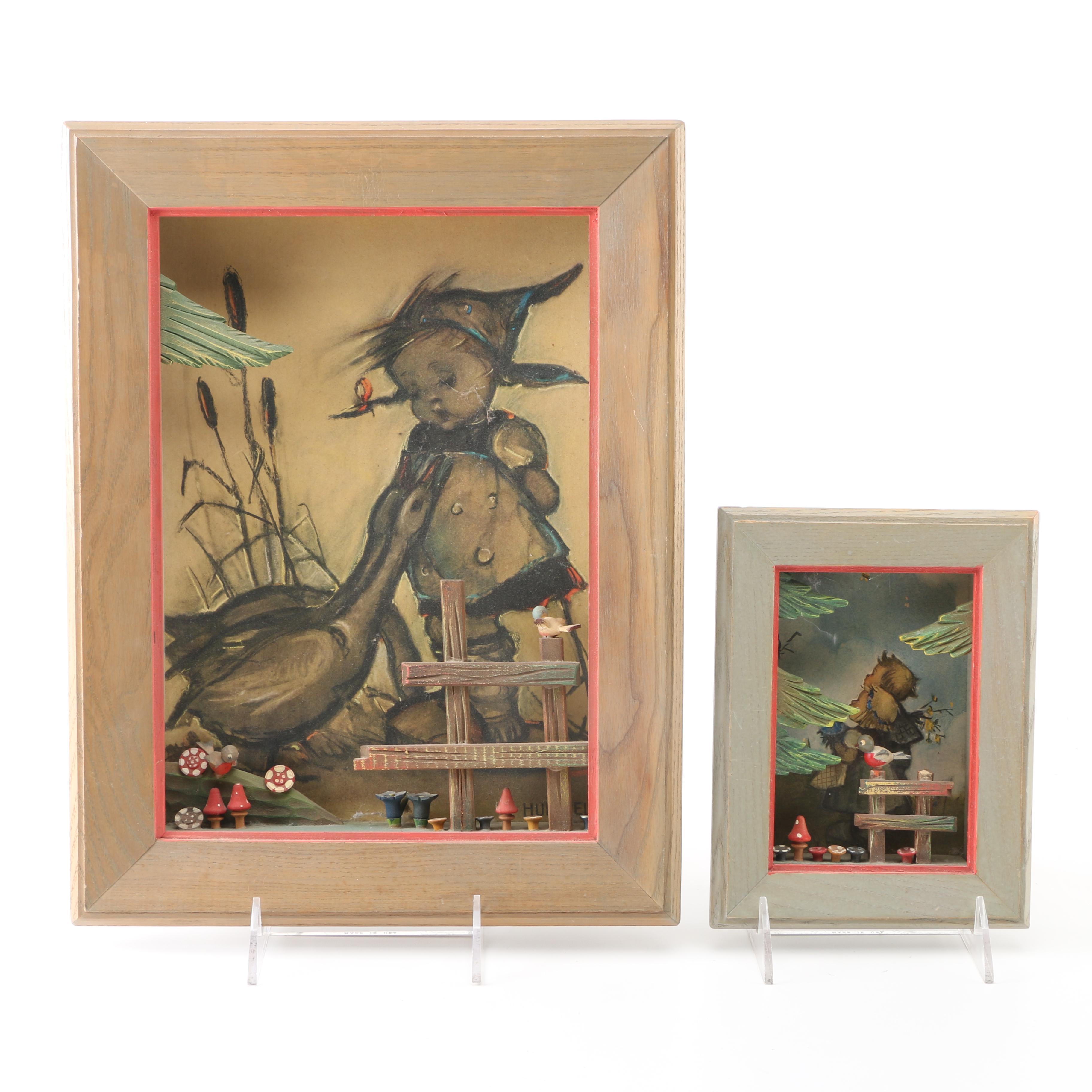 After Maria Innocentia Hummel Lithograph and Wood Shadow Boxes
