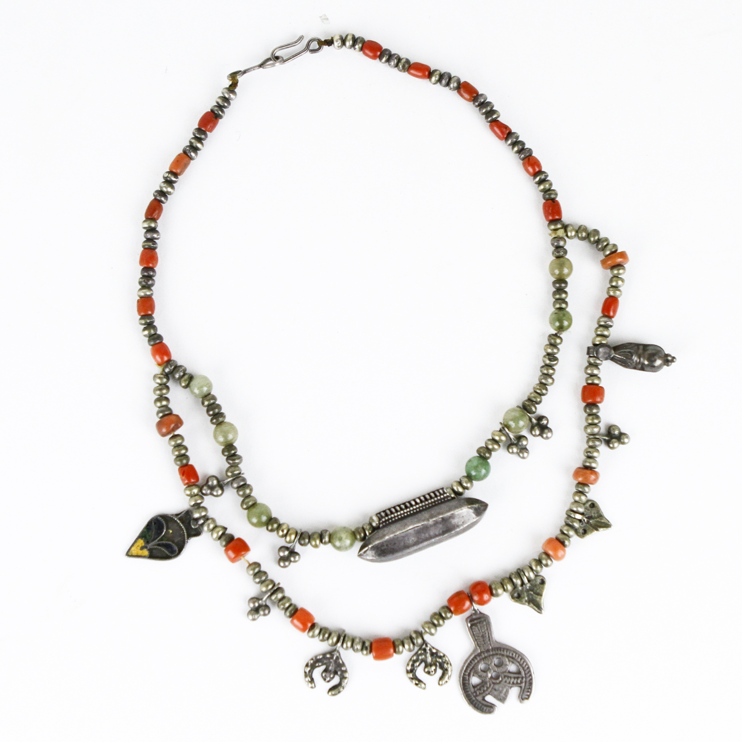 Vintage Tibetan Silver, Coral, and Jadeite Jade Beaded Necklace