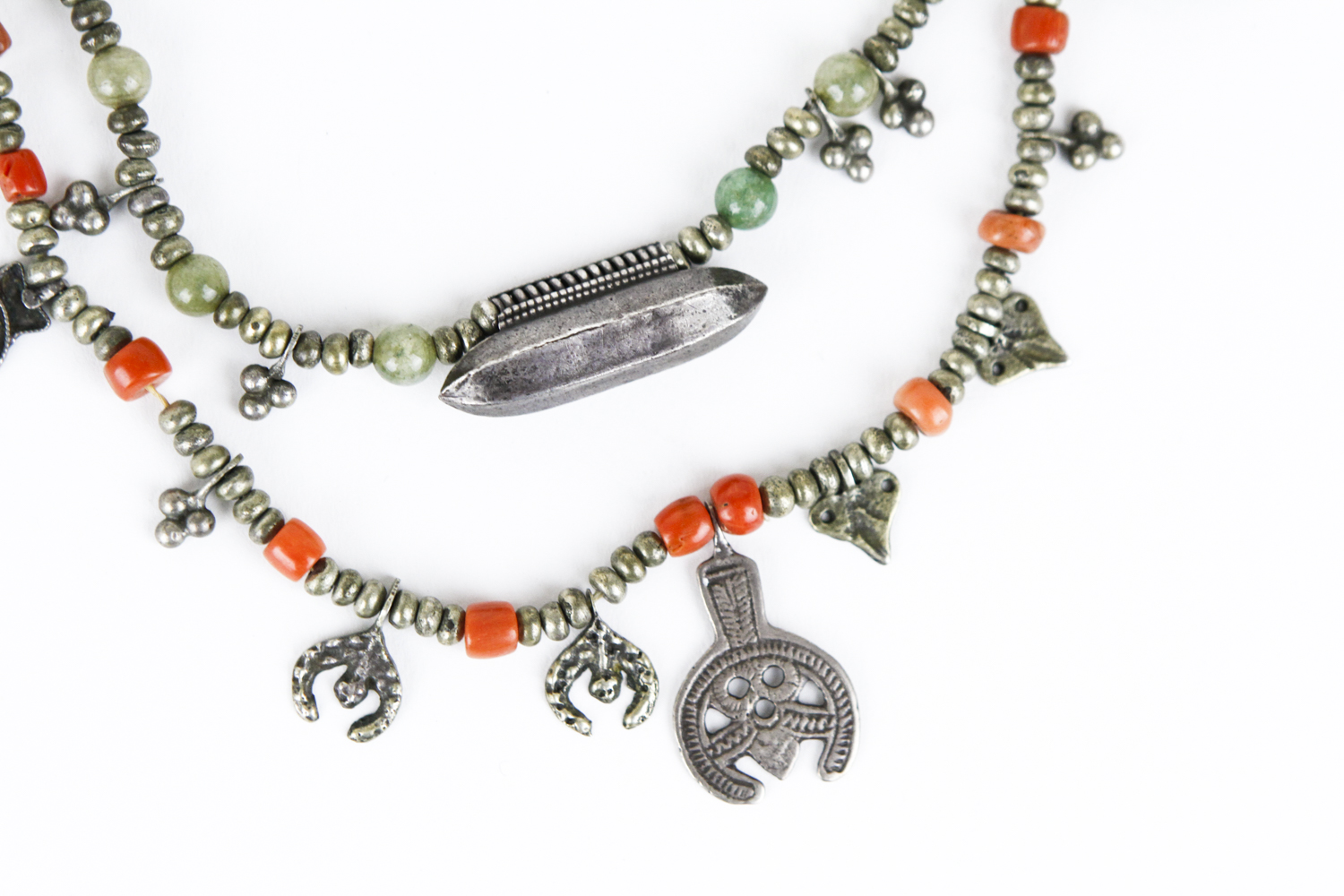 Vintage Tibetan Silver, Coral, and Jadeite Jade Beaded Necklace