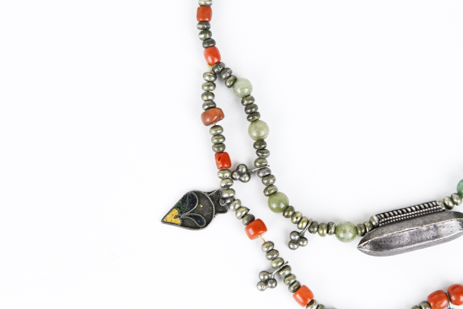 Vintage Tibetan Silver, Coral, and Jadeite Jade Beaded Necklace