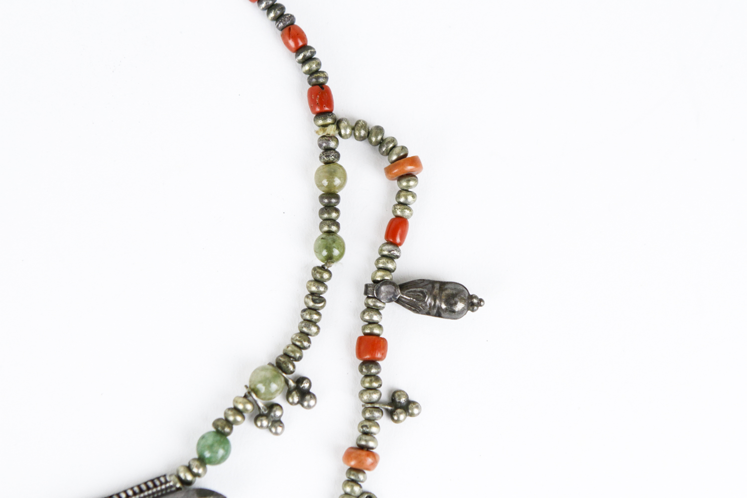 Vintage Tibetan Silver, Coral, and Jadeite Jade Beaded Necklace