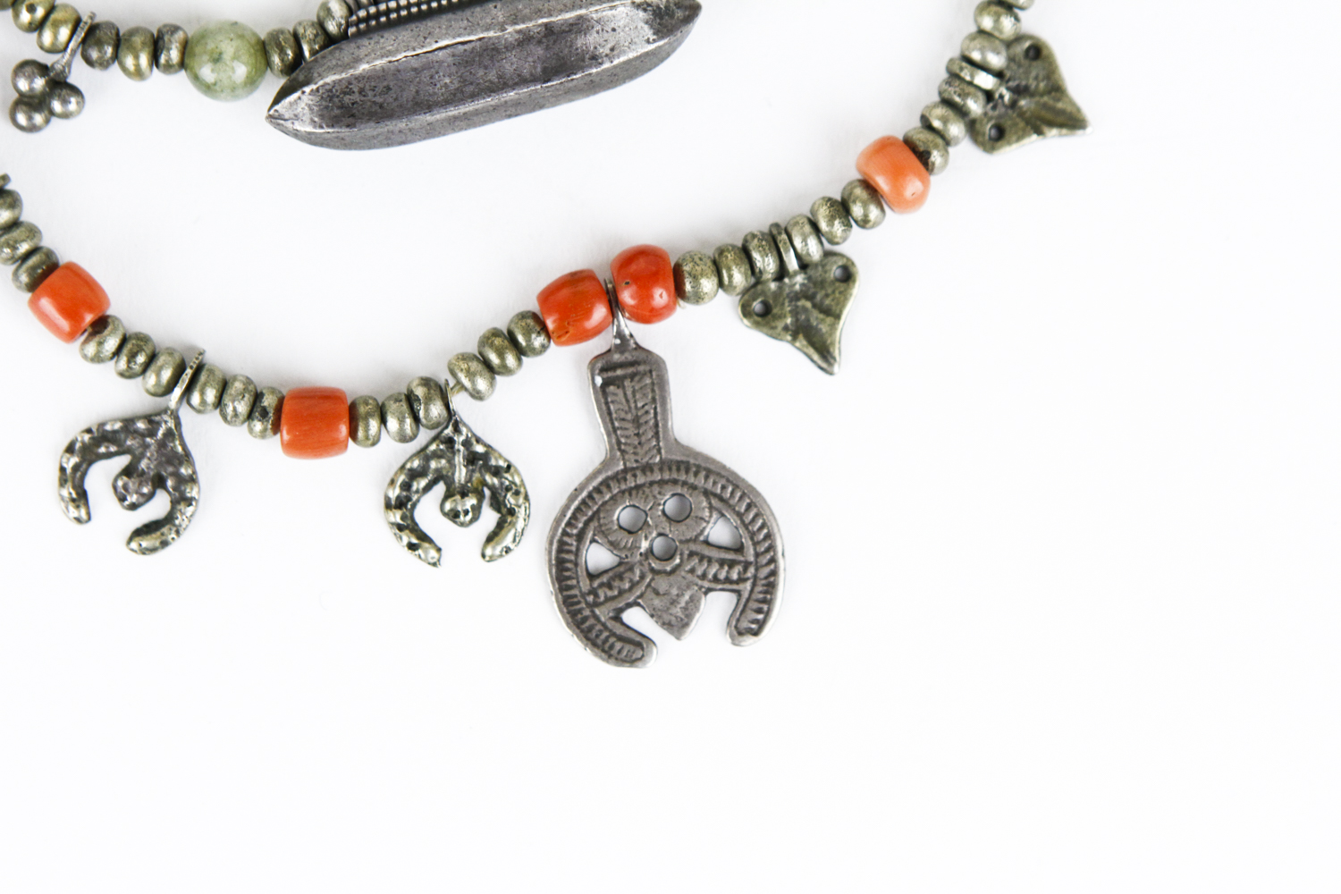 Vintage Tibetan Silver, Coral, and Jadeite Jade Beaded Necklace
