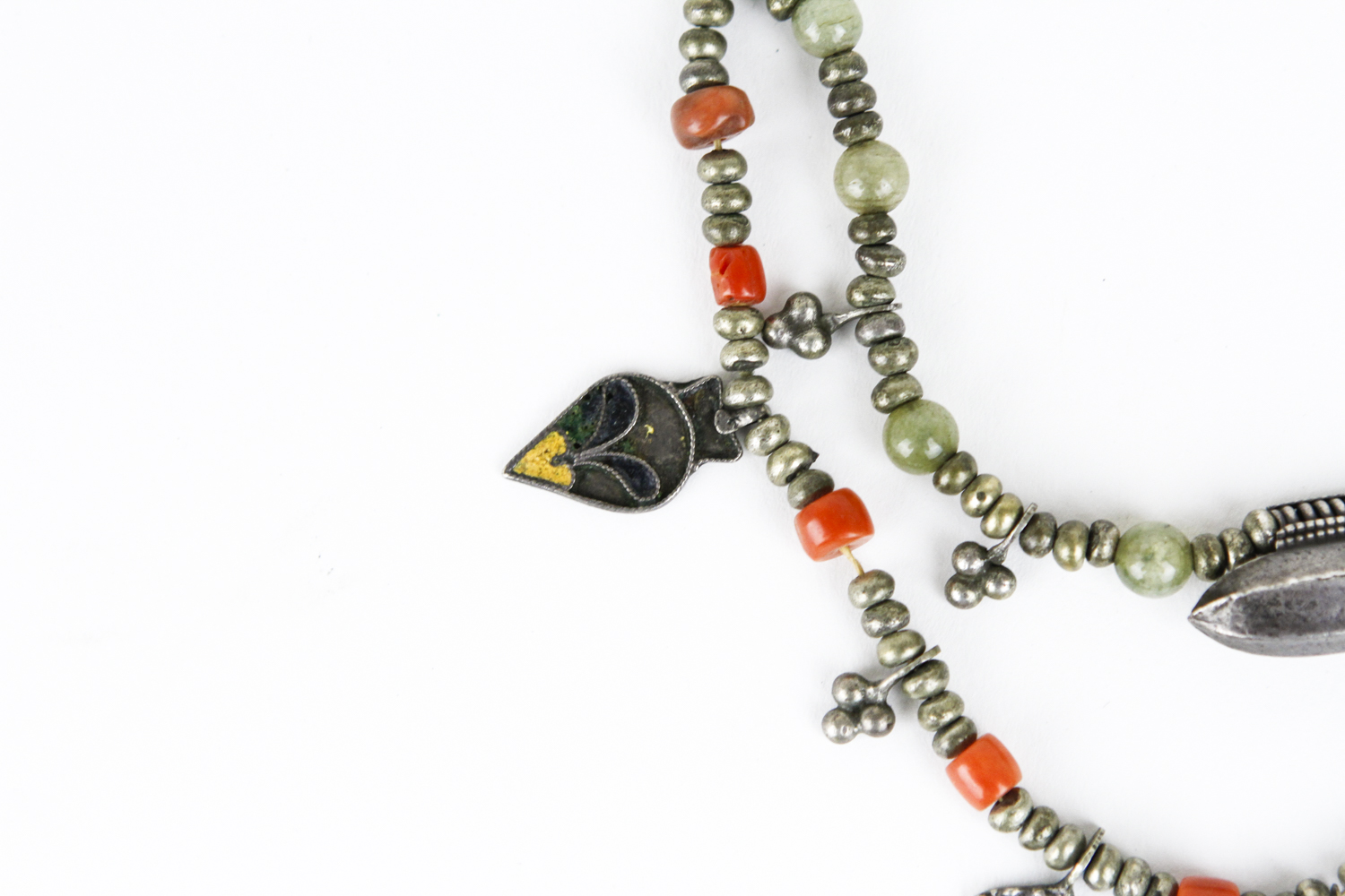 Vintage Tibetan Silver, Coral, and Jadeite Jade Beaded Necklace