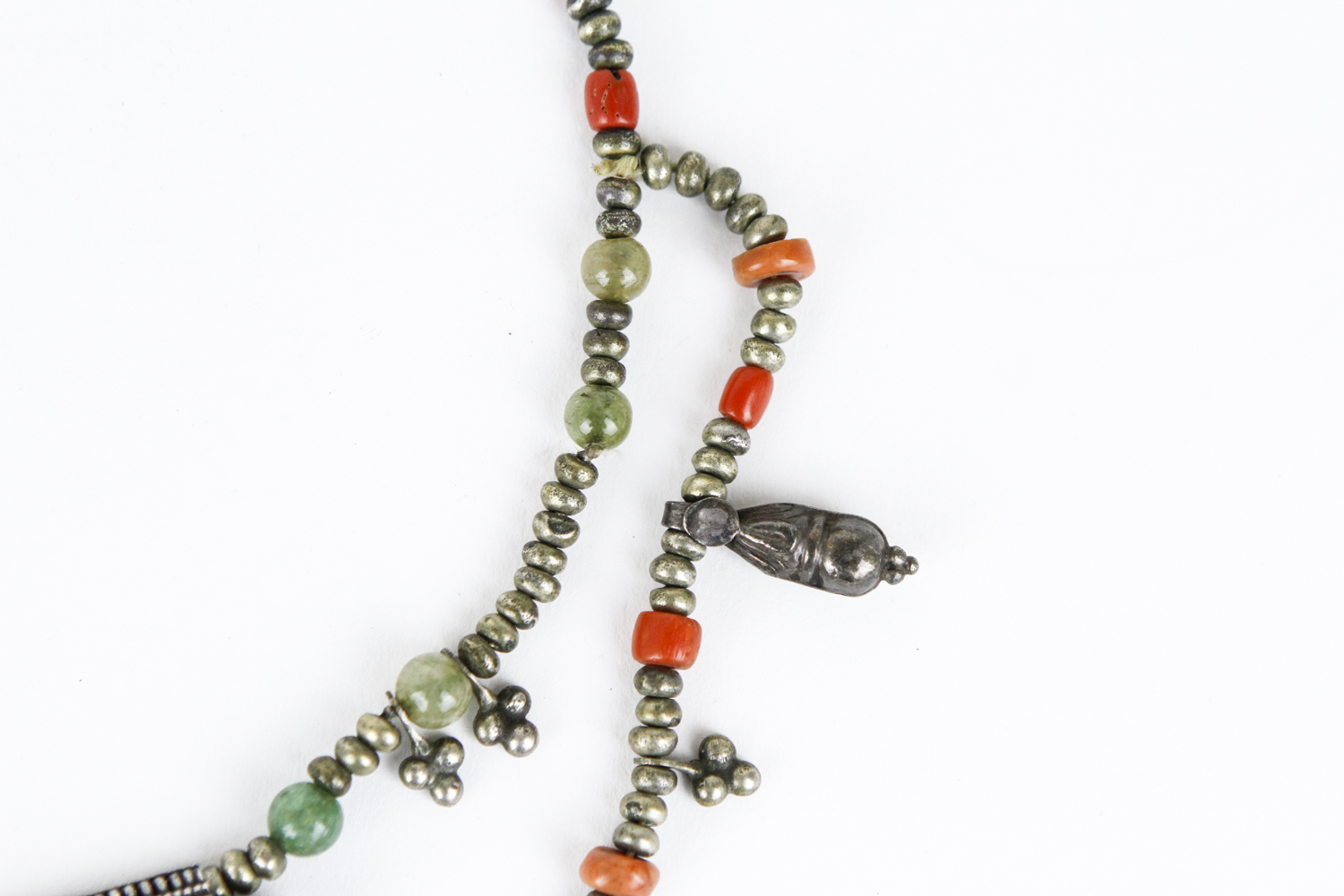 Vintage Tibetan Silver, Coral, and Jadeite Jade Beaded Necklace
