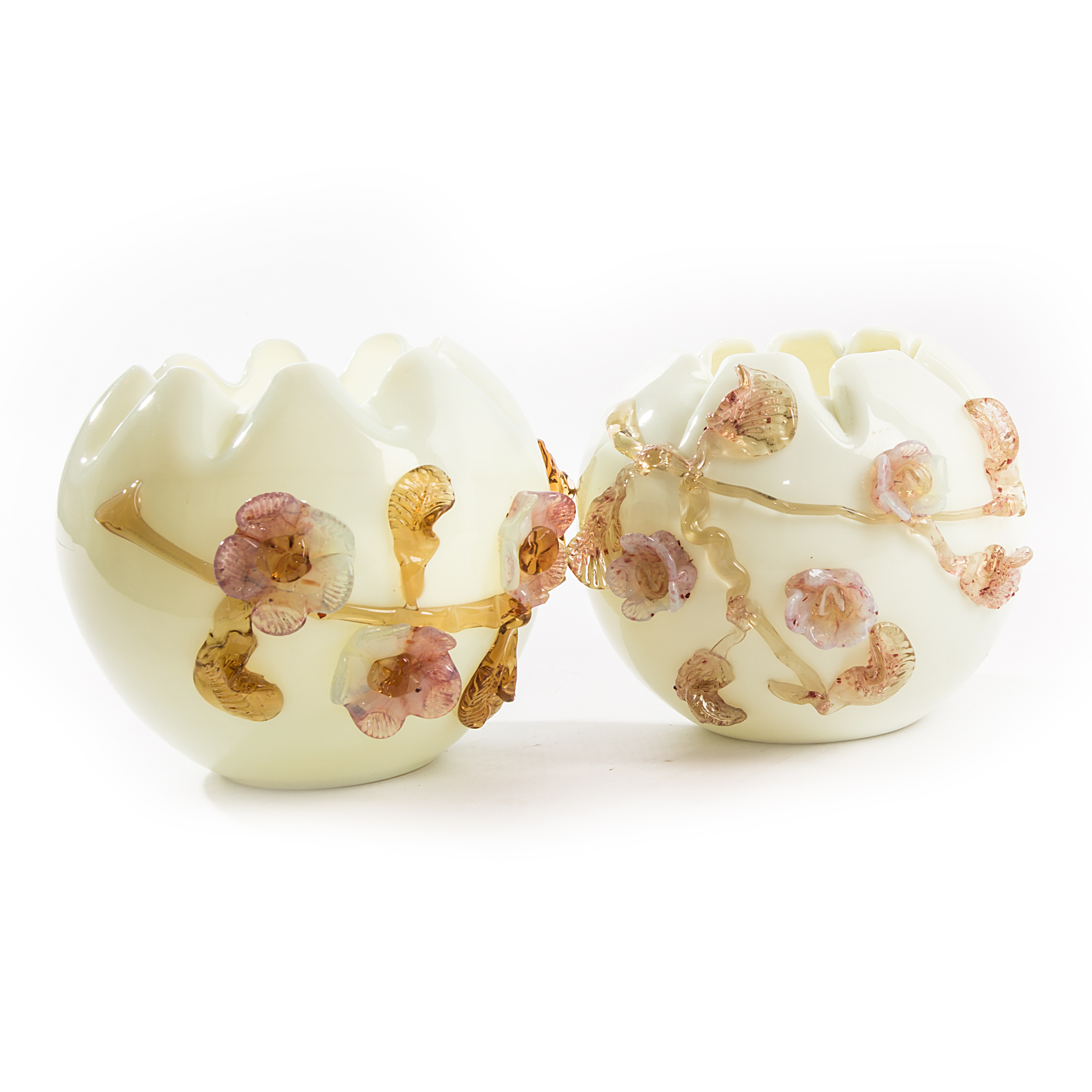 Dimensional Floral Art Glass Bowls