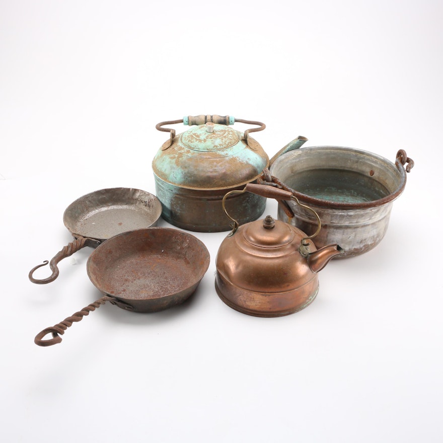 Vintage Copper Teapots and Iron Pans