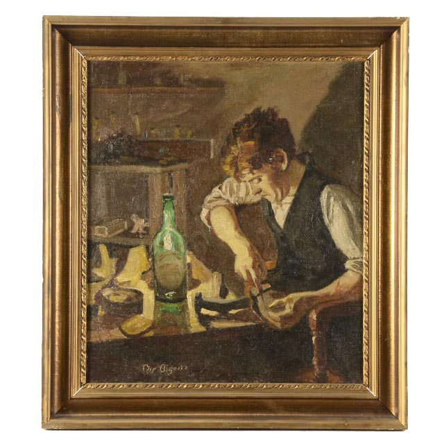 Antique Original Oil on Canvas of a Cobbler
