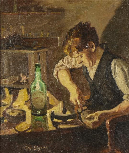 Antique Original Oil on Canvas of a Cobbler