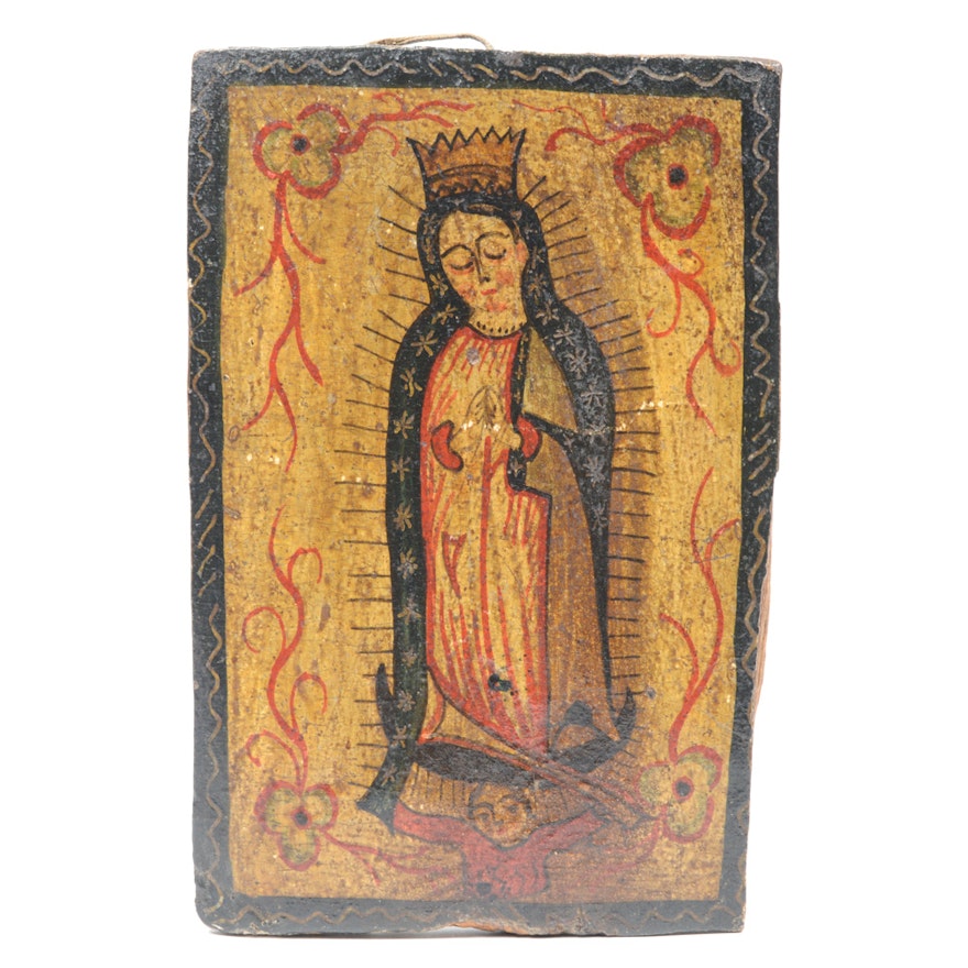 Antique Spanish Colonial Retablo of the Virgin of Guadalupe