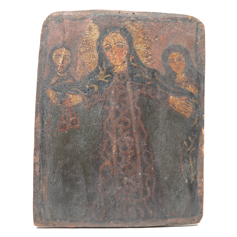 Antique Spanish Colonial Retablo of Mary with Two Figures