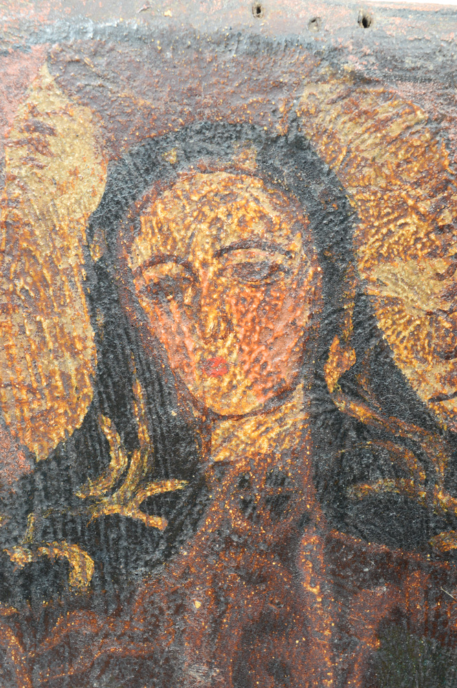 Antique Spanish Colonial Retablo of Mary with Two Figures