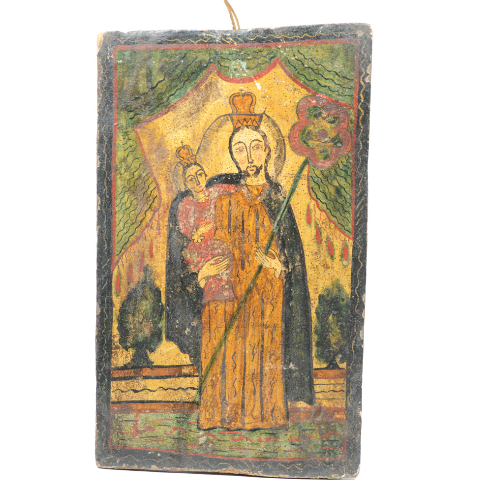 18th/19th Century Spanish Colonial Retablo of  San Jose y Jesus