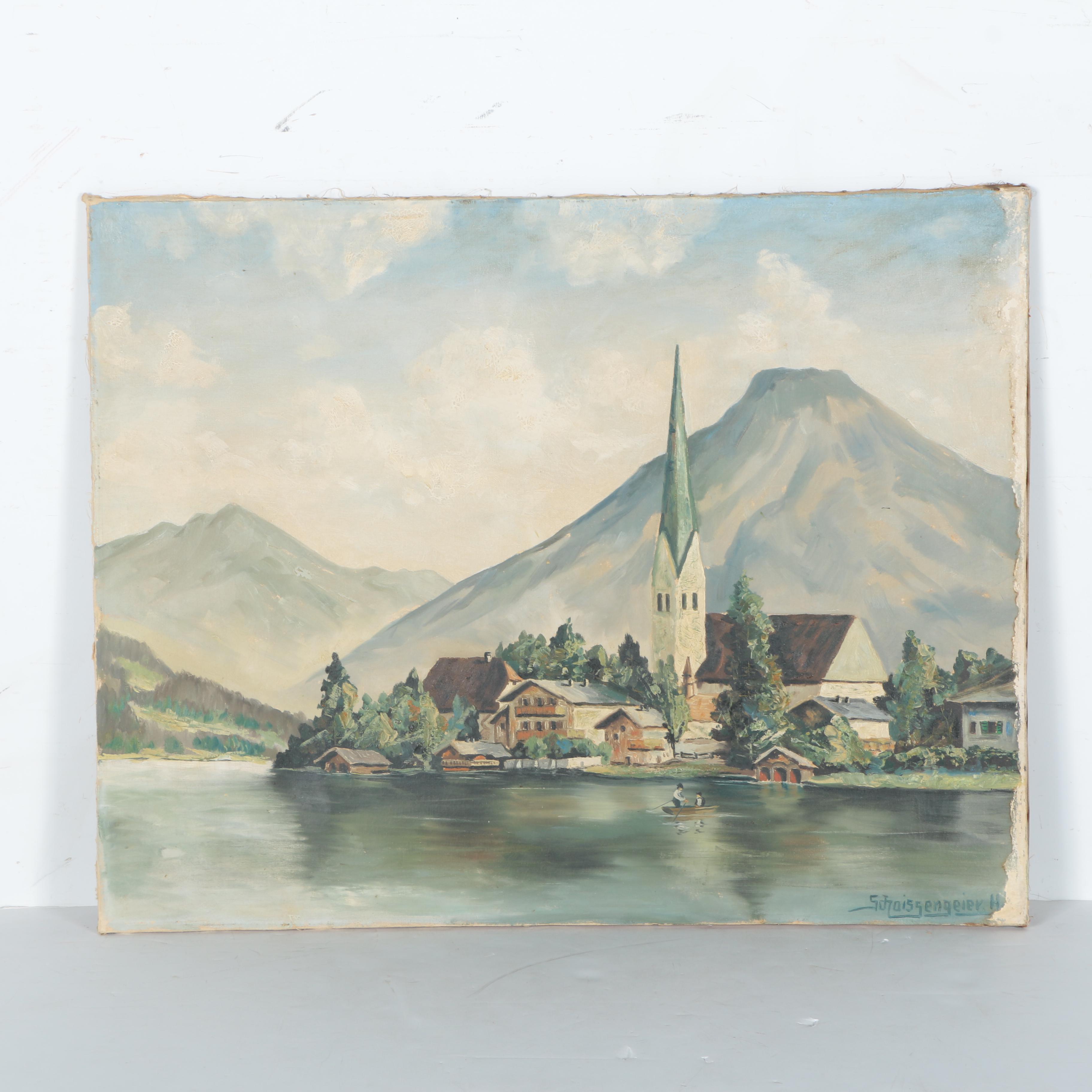 H. Schoissengeier Oil Painting on Canvas of a Seaside Village