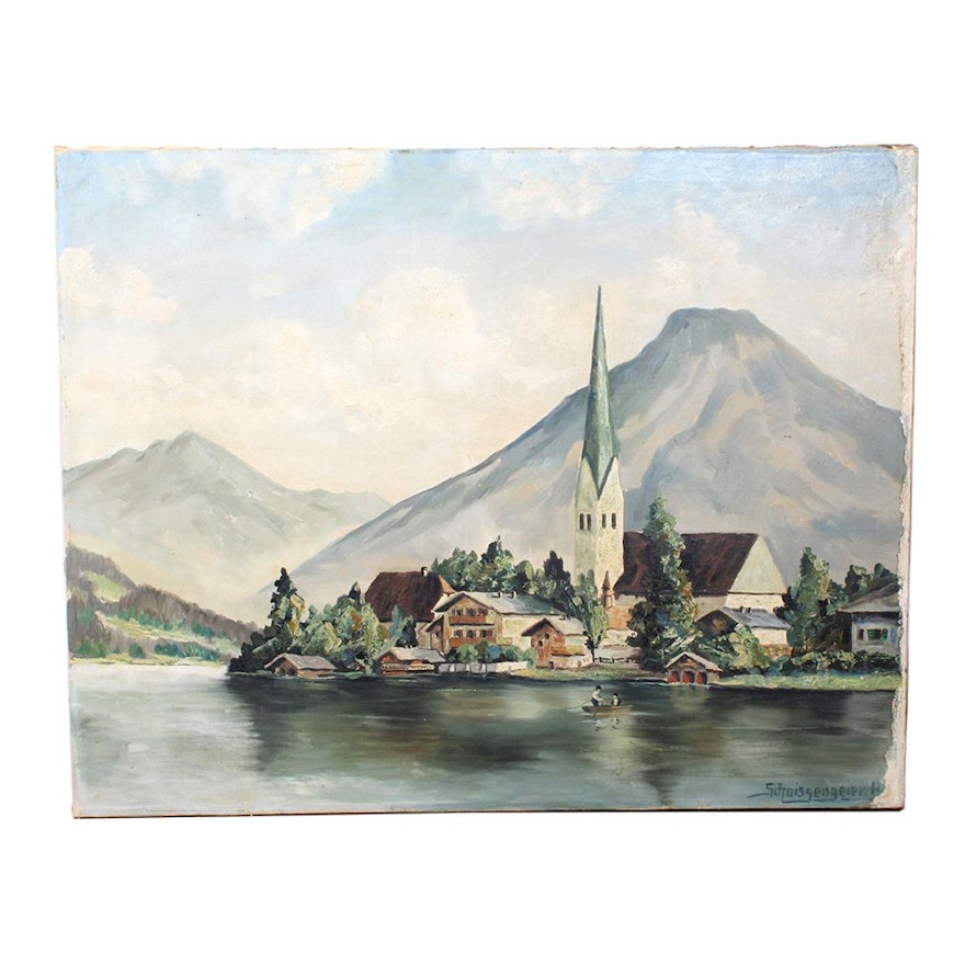 H. Schoissengeier Oil Painting on Canvas of a Seaside Village