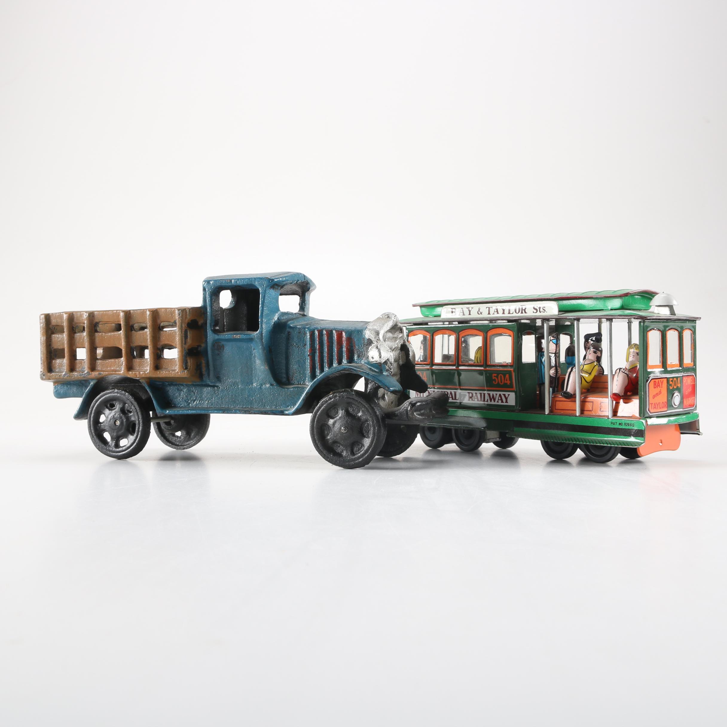 Vintage Hisimo Tin Litho Trolley Car and Cast Iron Pickup Truck