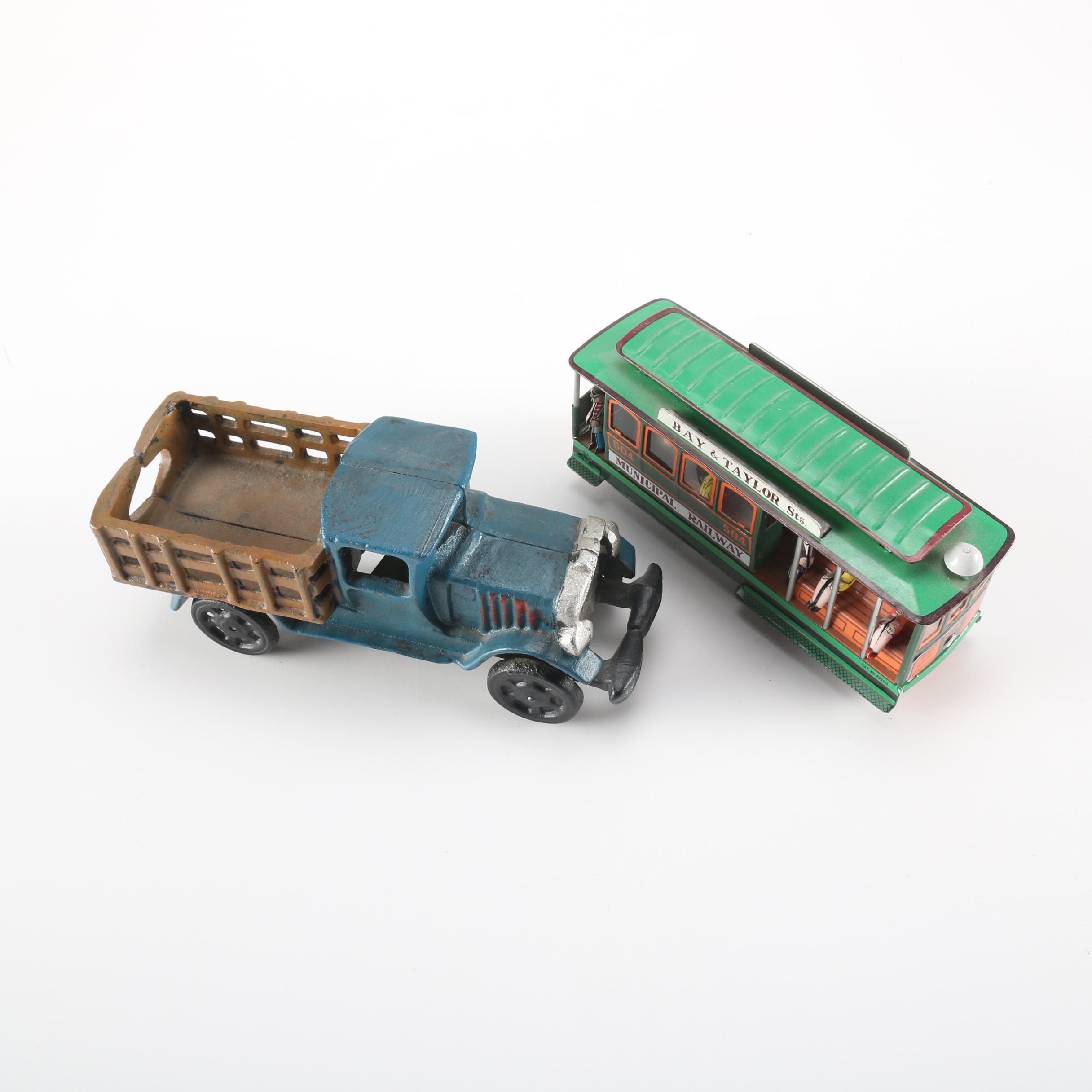 Vintage Hisimo Tin Litho Trolley Car and Cast Iron Pickup Truck
