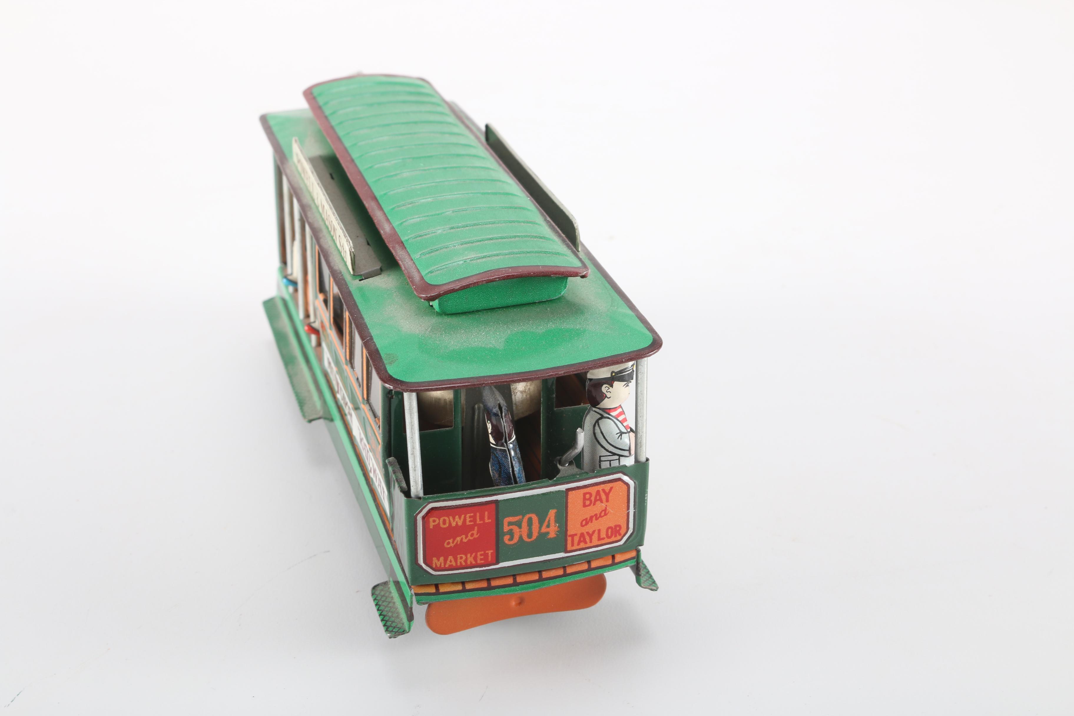 Vintage Hisimo Tin Litho Trolley Car and Cast Iron Pickup Truck