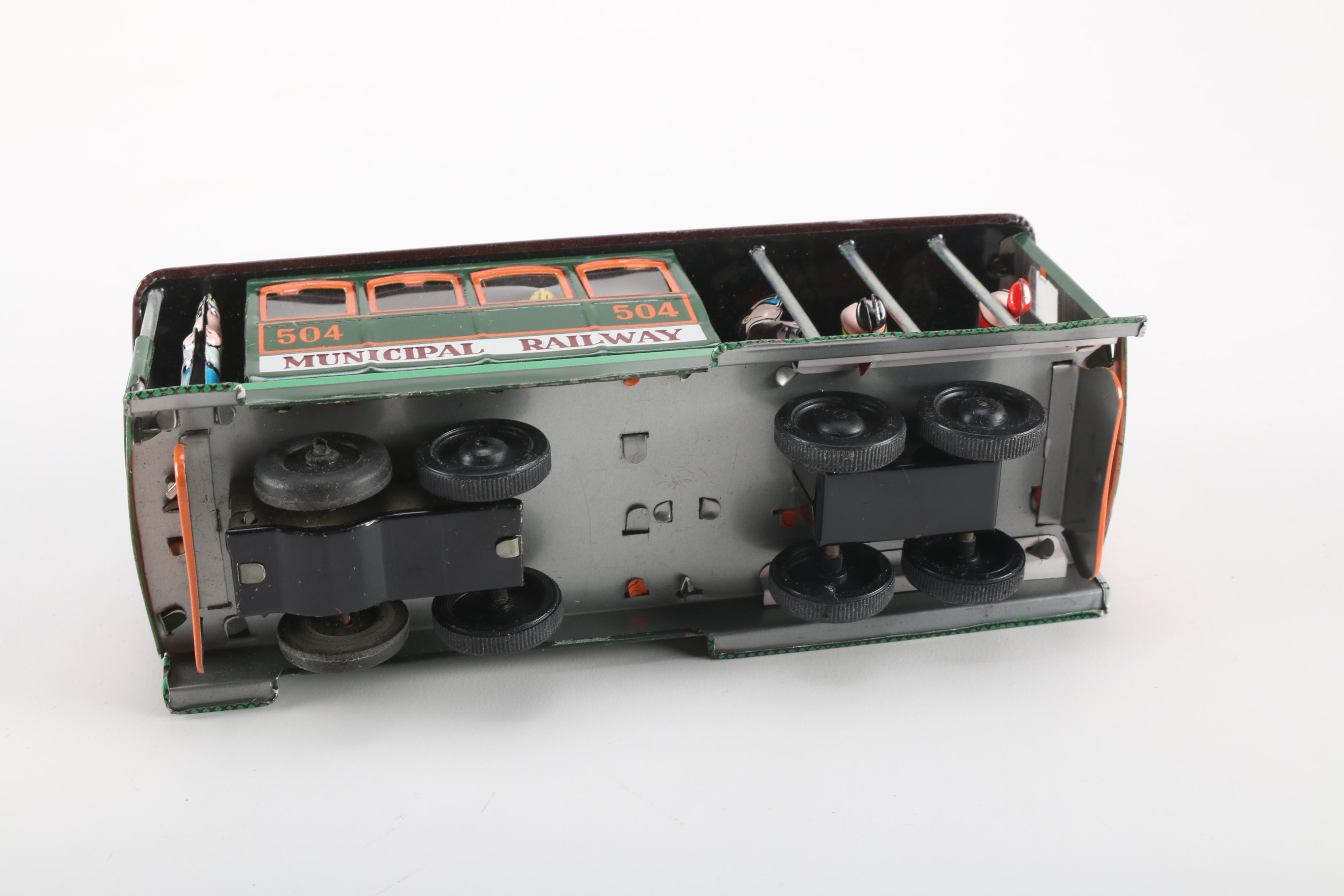 Vintage Hisimo Tin Litho Trolley Car and Cast Iron Pickup Truck