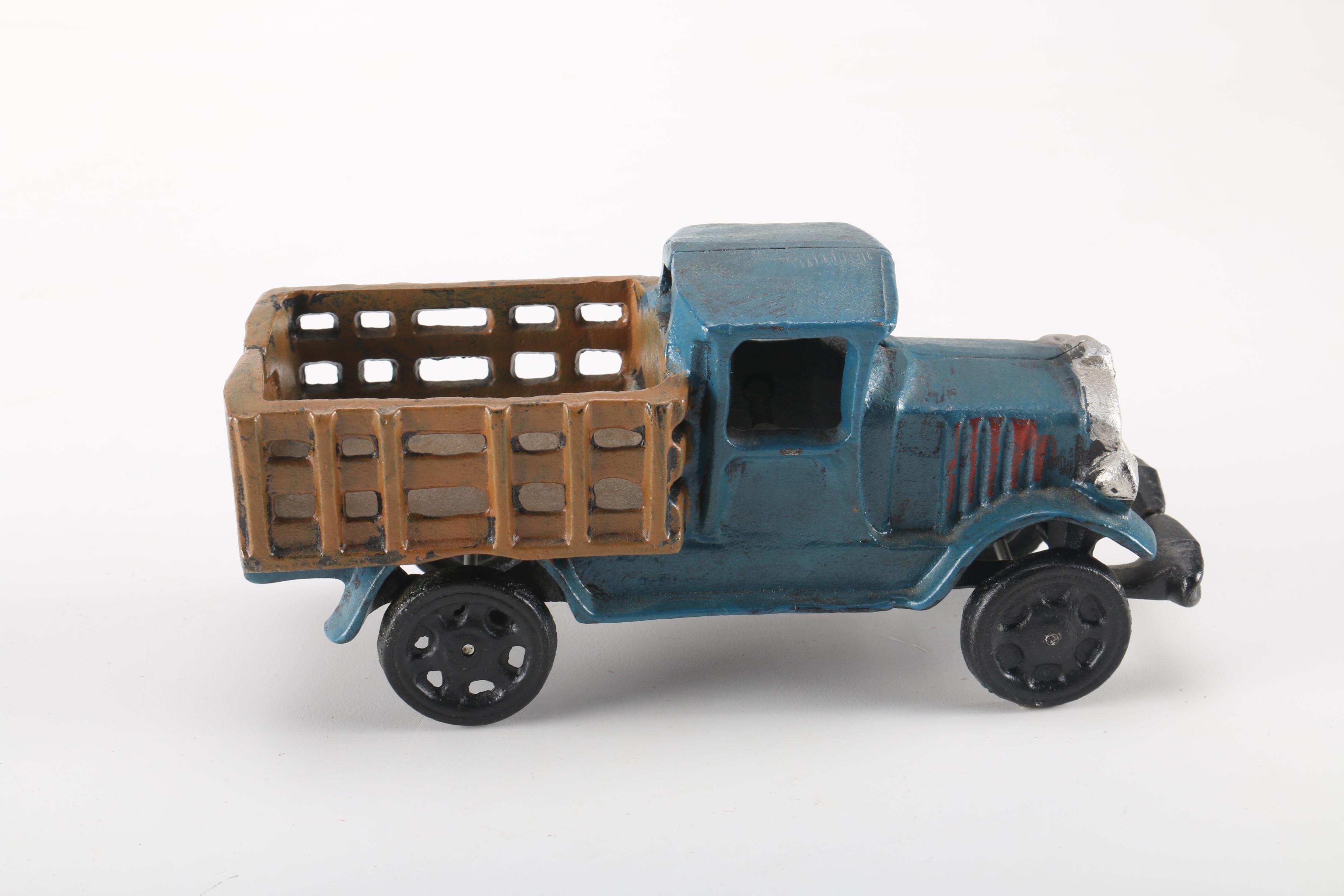 Vintage Hisimo Tin Litho Trolley Car and Cast Iron Pickup Truck