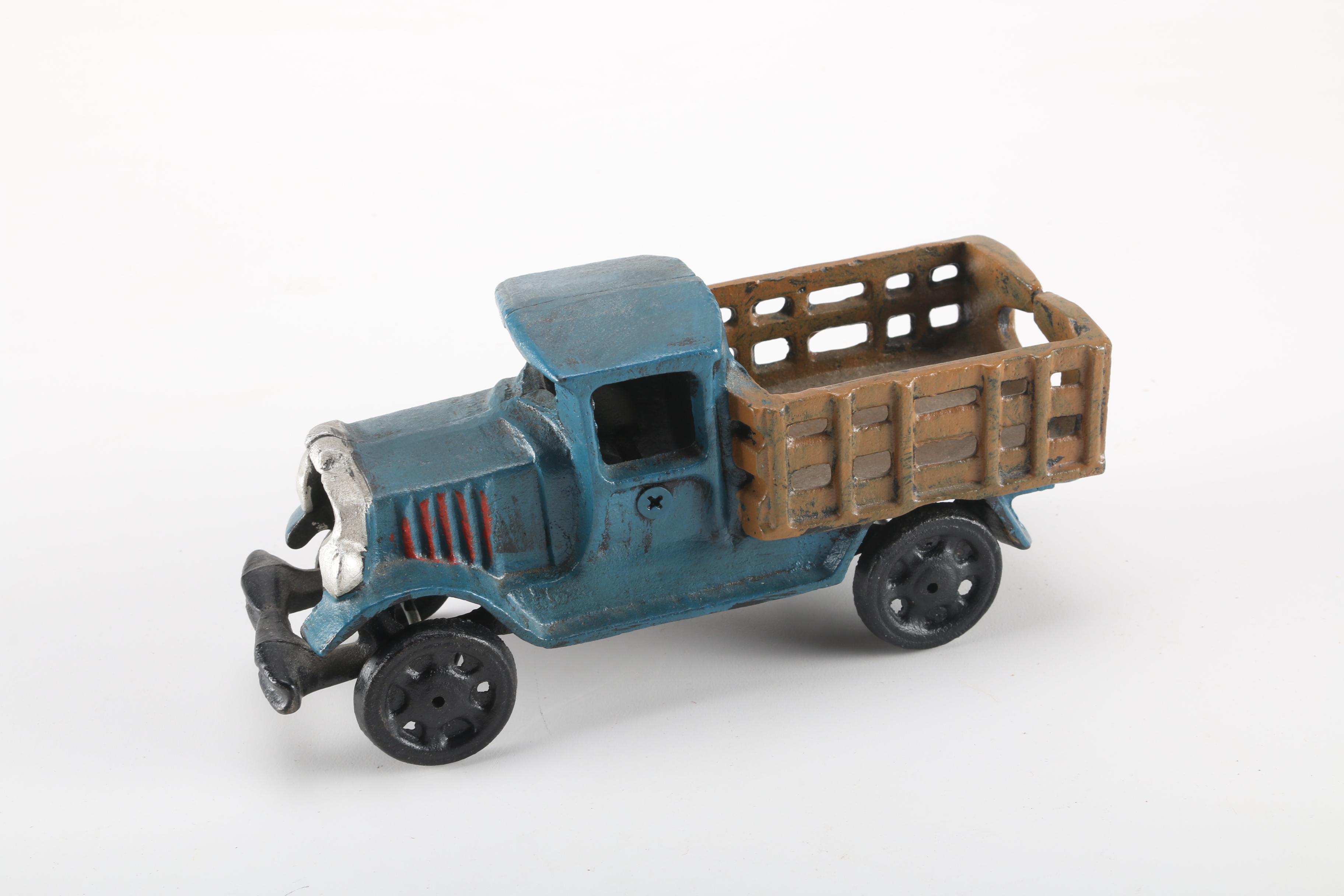 Vintage Hisimo Tin Litho Trolley Car and Cast Iron Pickup Truck