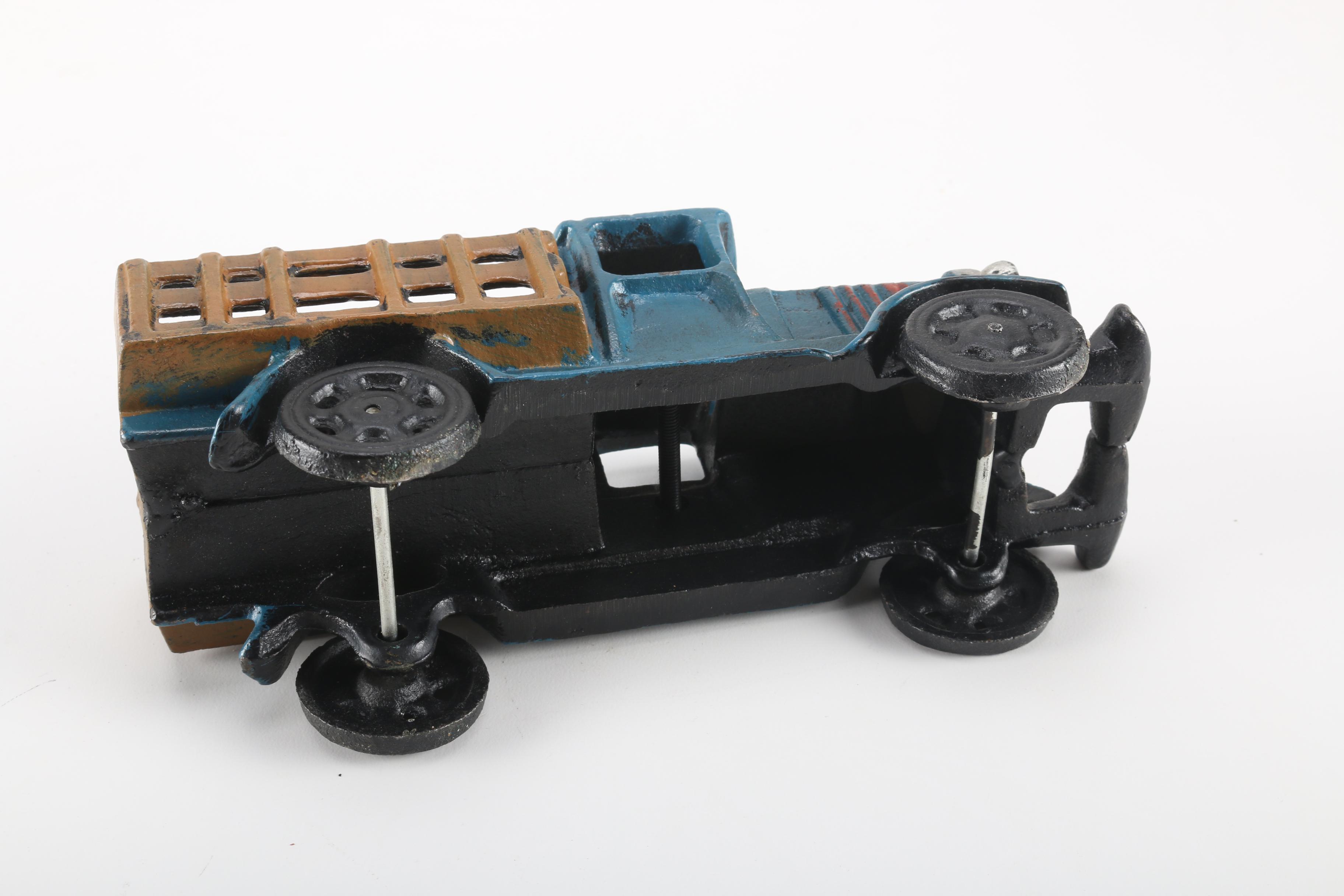 Vintage Hisimo Tin Litho Trolley Car and Cast Iron Pickup Truck