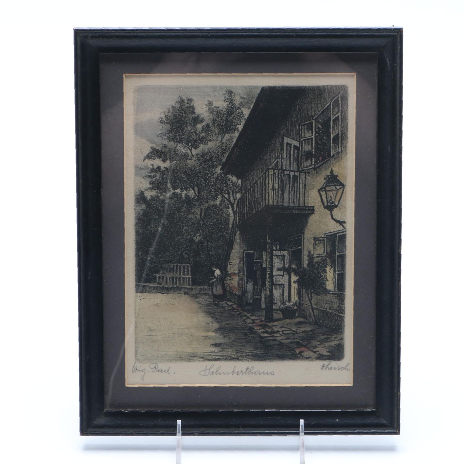 H. Leisch Signed Hand-colored Etching on Silk